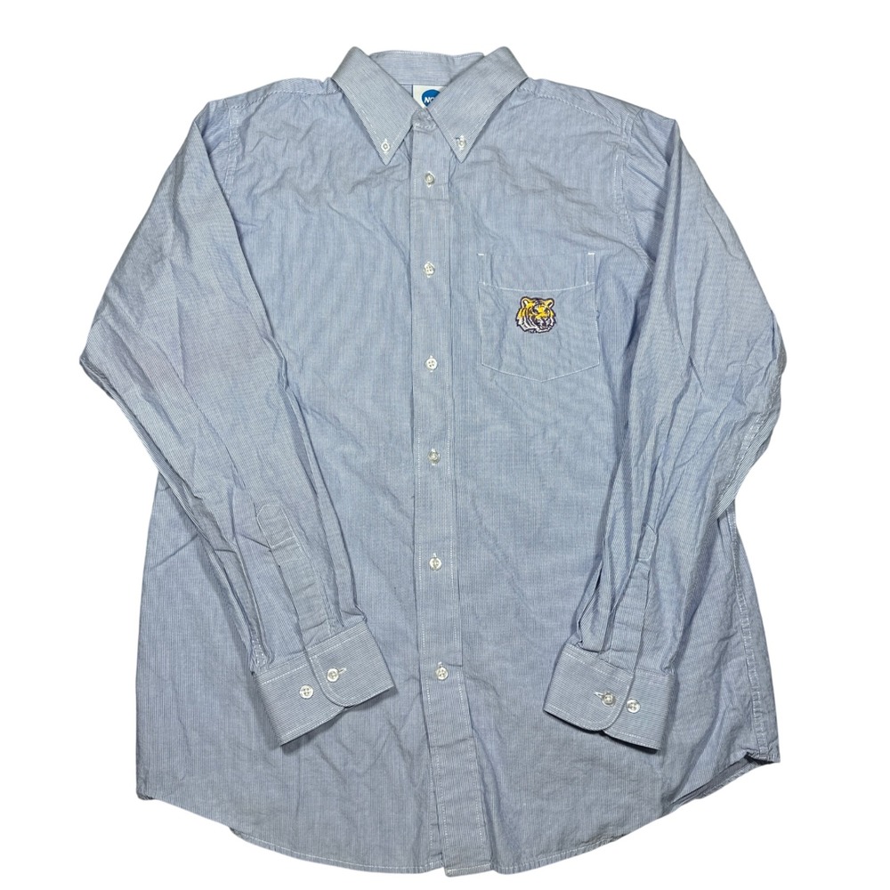 NCAA LSU Tigers Mens Medium Blue White Striped Button Down Oxford Shirt Cotton‎